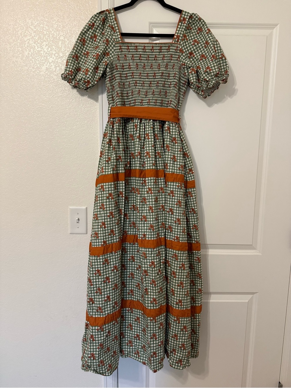 Green Gingham Maxi Dress with Rust Trim and Puff Sleeves